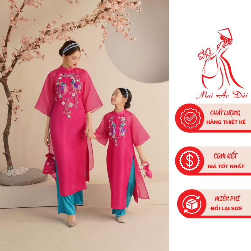 Mother and child modern ao dai pink lotus tea sleeve Miss 4 layers 2