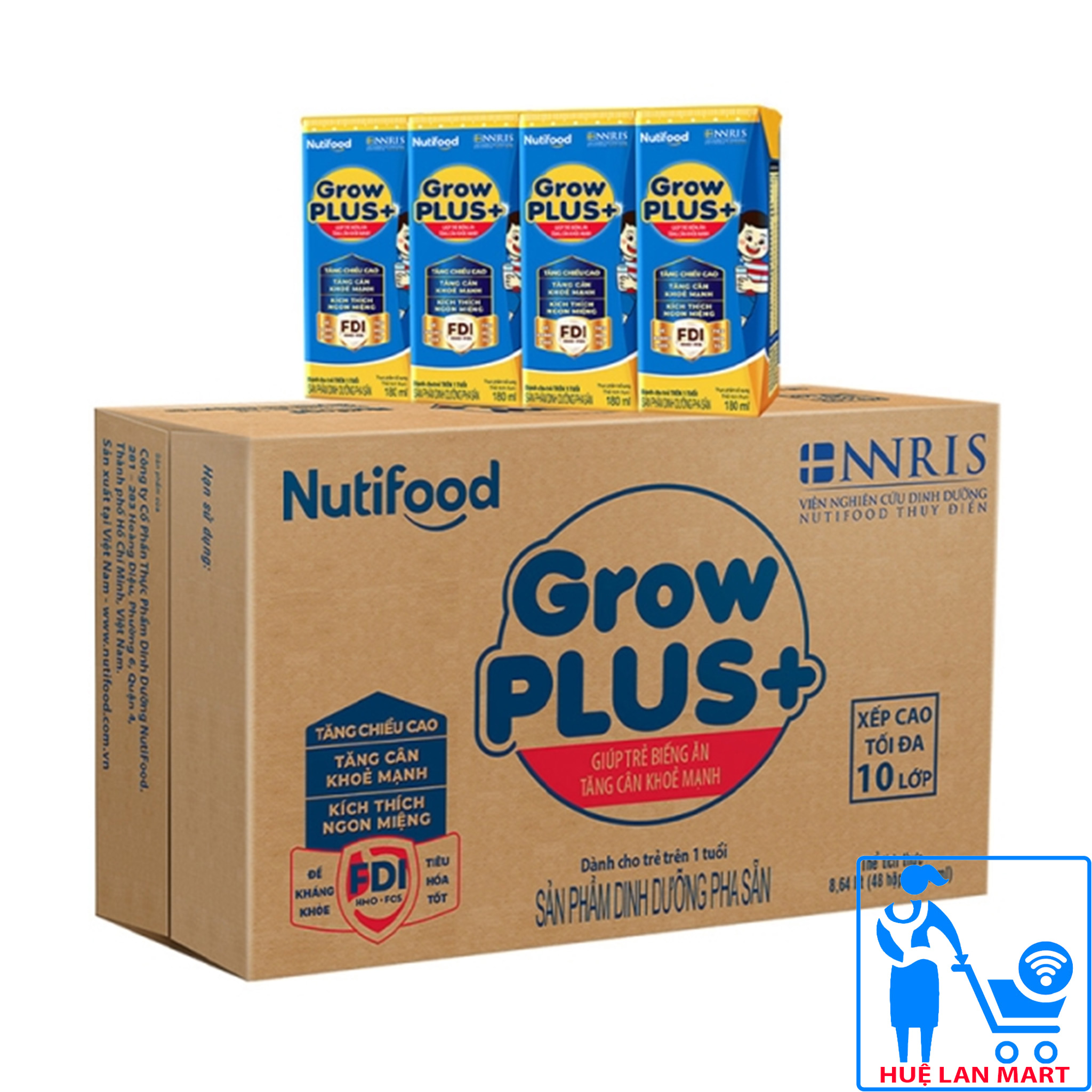 Sữa Bột Pha Sẵn Nutifood Grow Plus+ Xanh Hương Vani Thùng 48 Hộp x 180ml (Dinh dưỡng hiệu quả giúp trẻ tăng cân khỏe mạnh từ 1~10 tuổi)