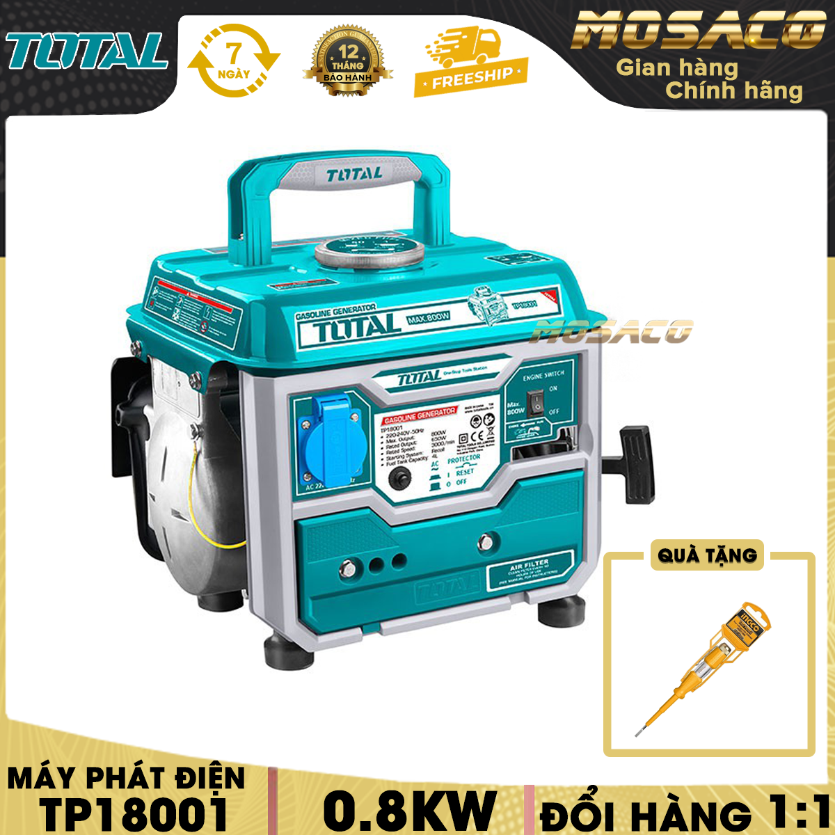 Máy phát điện dùng xăng total tp18001 công suất 0.8kw. thiết bị phát điện total, điện thế 220-240v, tần số 50 hz, công suất liên tục 0.65 kw, tốc độ quay 3000v/p, dung tích xi lanh 63 - mosaco