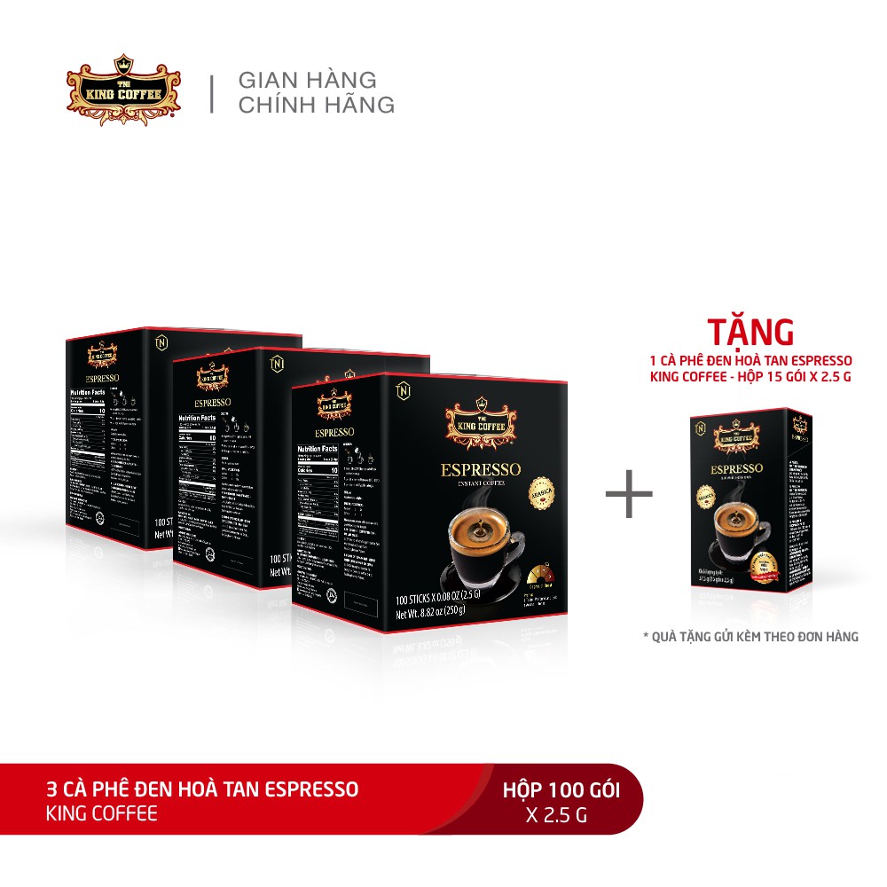 Combo 3 cfđ ht espresso king coffee - hộp 100 gói x 2.5g + tặng 1 hộp cfht espresso king coffee - hộp 15 gói x 2.5g