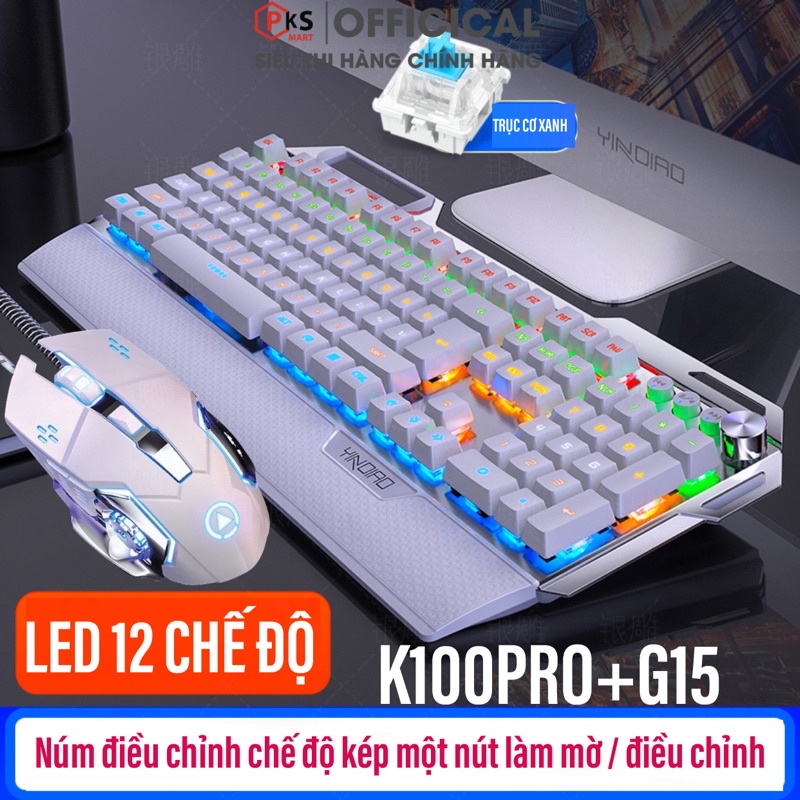 COMBO Bàn Phím Cơ Chuột Gaming YINOIAO K100 K100PRO G15 LED RGB 12 Chế Độ Trục Cơ Xanh Cao Cấp Có 2 Màu Trắng Đen