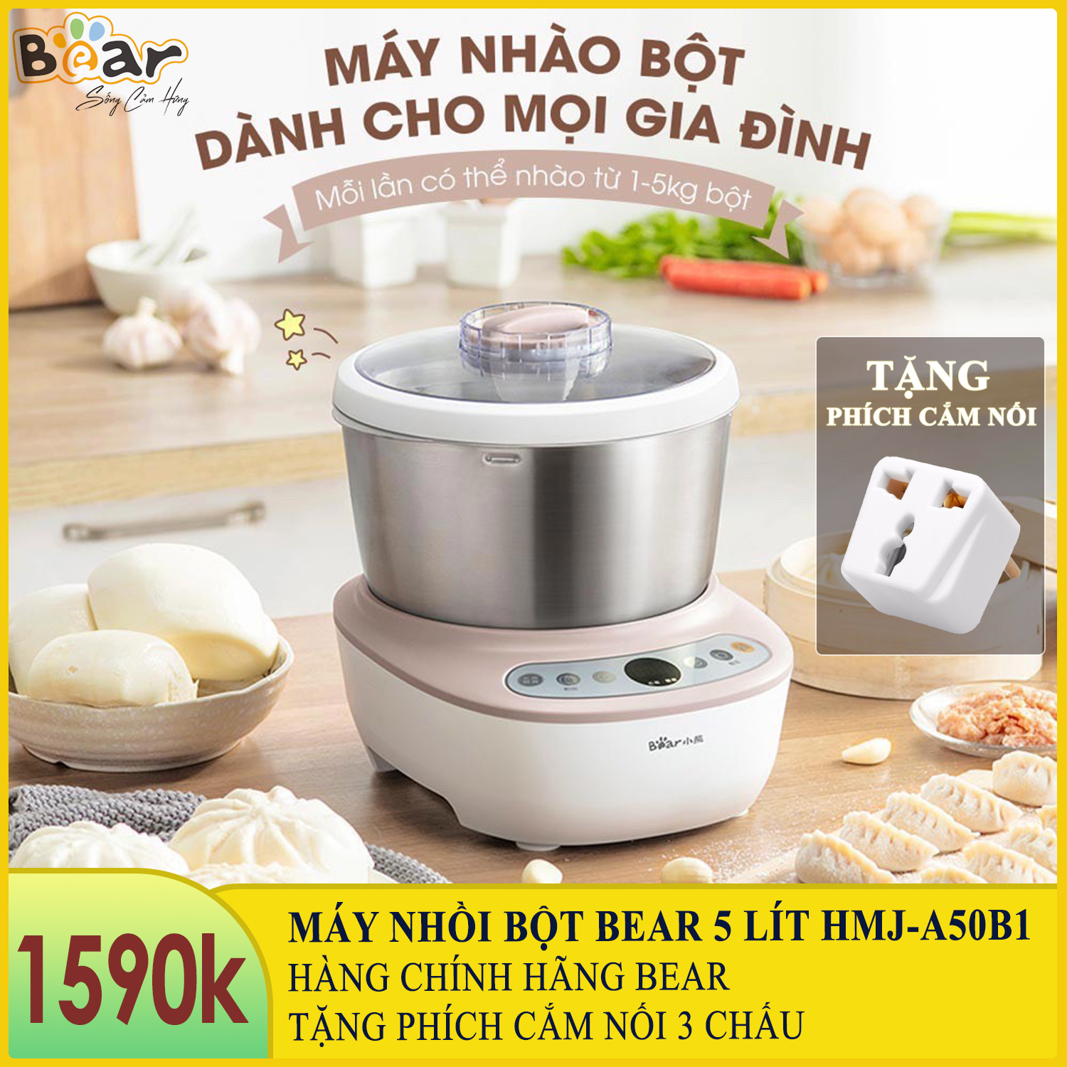 Máy Nhồi Bột Bear 5L_Máy Nhào Bột_Máy Trộn Bột Làm Bánh Bear 5 Lít HMJ-A50B1 - Tặng Phích Cắm Chuyển Đổi