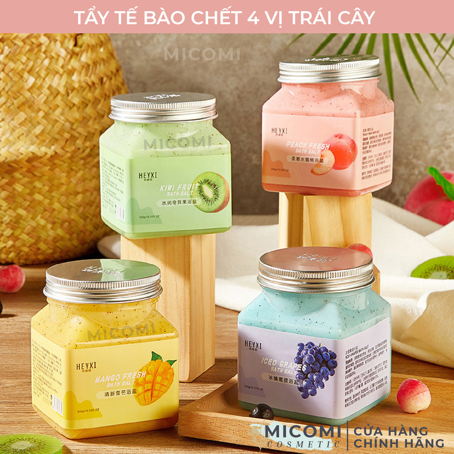 Tẩy Tế Bào Chết l Da Chết Body Toàn Thân 4 Vị Trái Cây Muối Tắm HEYXI 350g MICOMI Cosmetics Đào Kiwi Xoài Nho