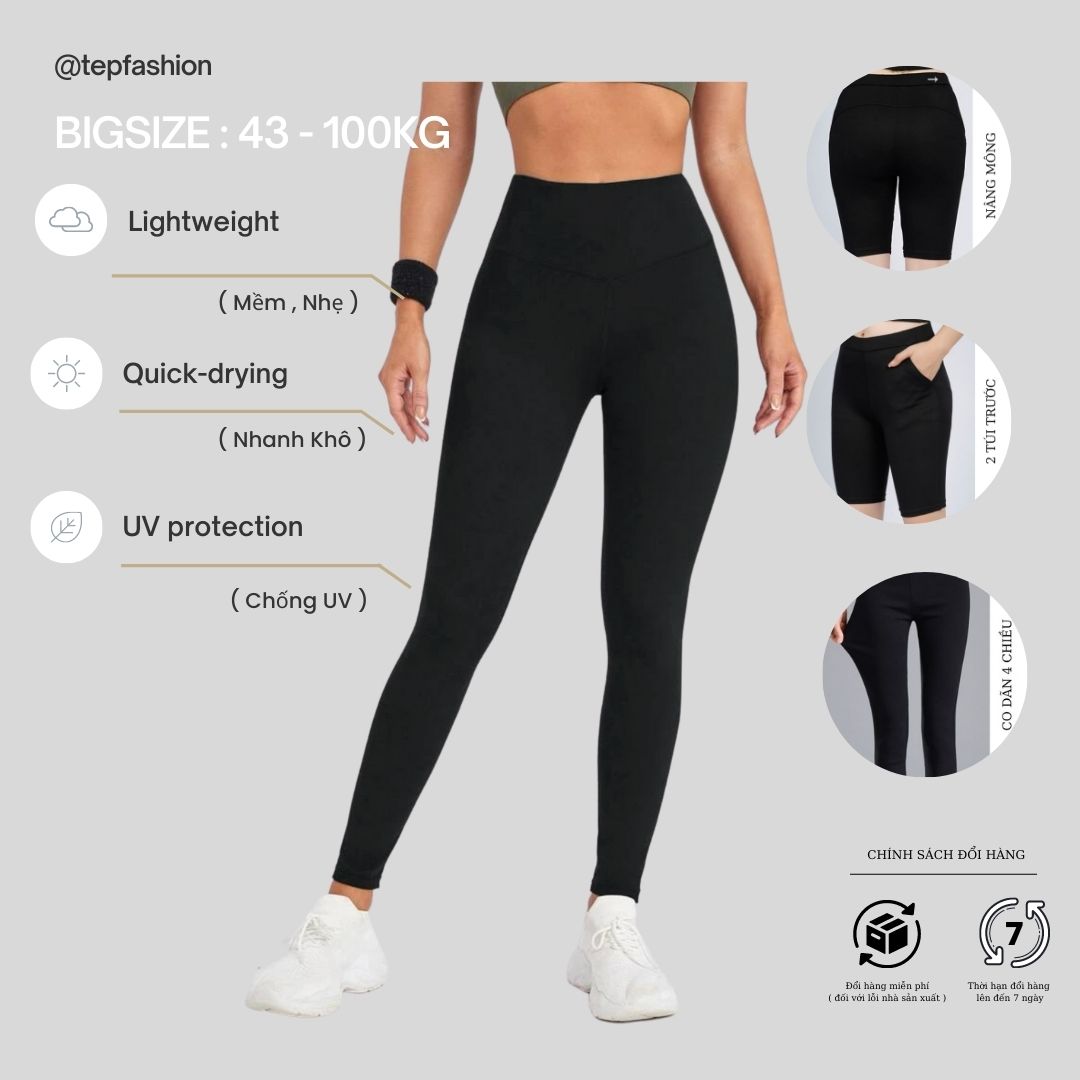 Quần legging dài có túi nâng mông quần legging nữ dáng dài có 2 túi trước gen bụng nâng mông co dãn 4 chiều