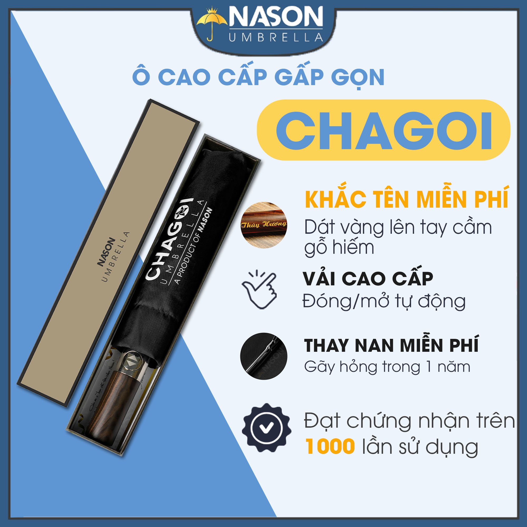 Ô dù tự động gấp gọn thông minh 2 chiều Chagoi Nason Umbrella - Cán gỗ hiếm KHẮC TÊN dát vàng theo y