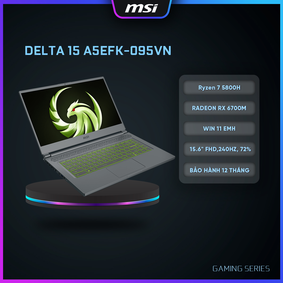 Msi laptop gaming delta 15 a5efk-095vn|r7-5800hx|rx 6700m|ddr4 16gb|512gb ssd|15.6" fhd,240hz