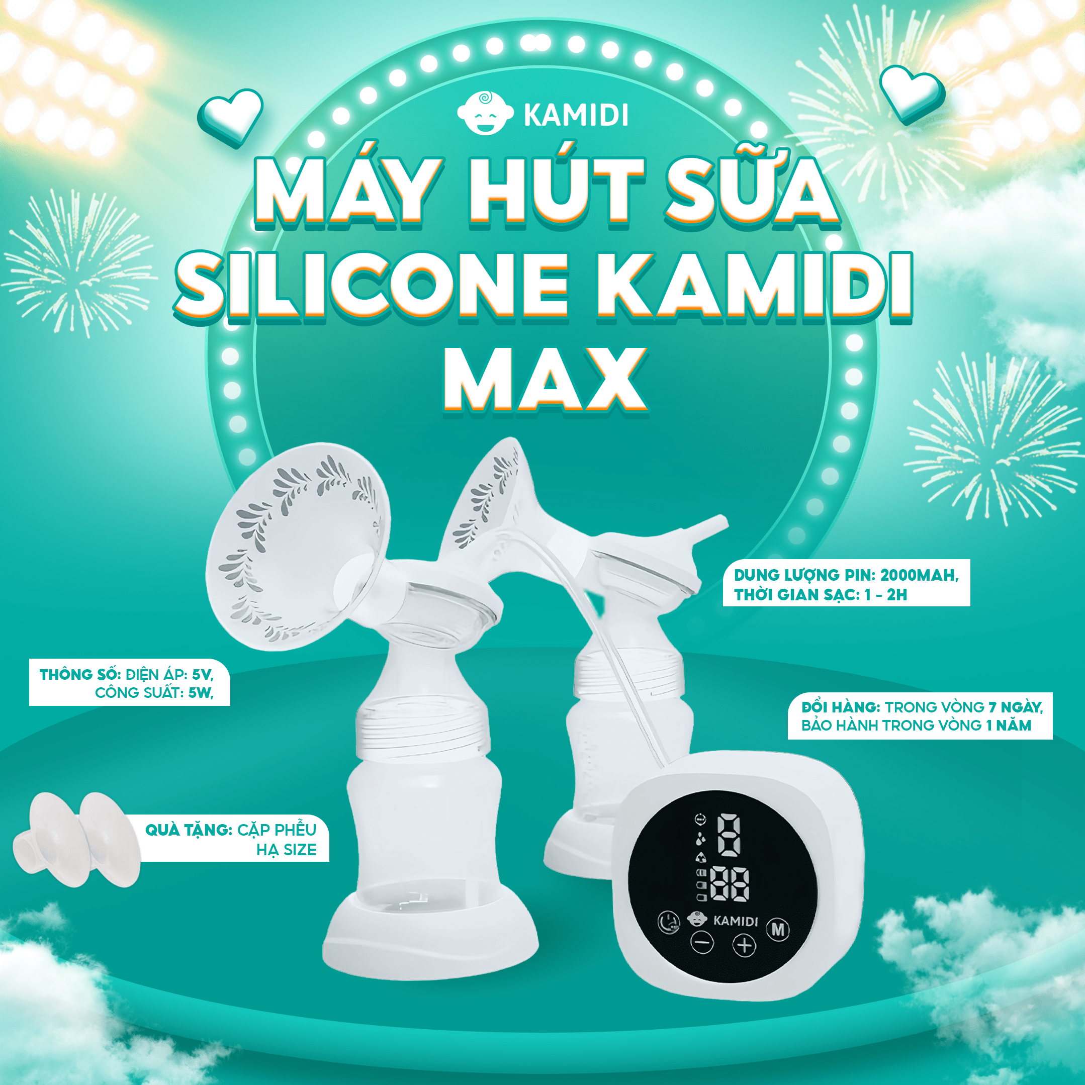 Máy hút sữa điện đôi Kamidi Max massage thông minh, phễu silicon mềm mại, không đau rát cho mẹ bị tắc tia, ít sữa