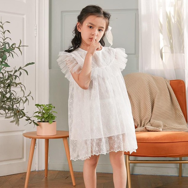 Váy công chúa babydoll 137KIDS Váy voan ren trắng lót lụa thoáng mát thấm hút mồ hôi cho bé gái