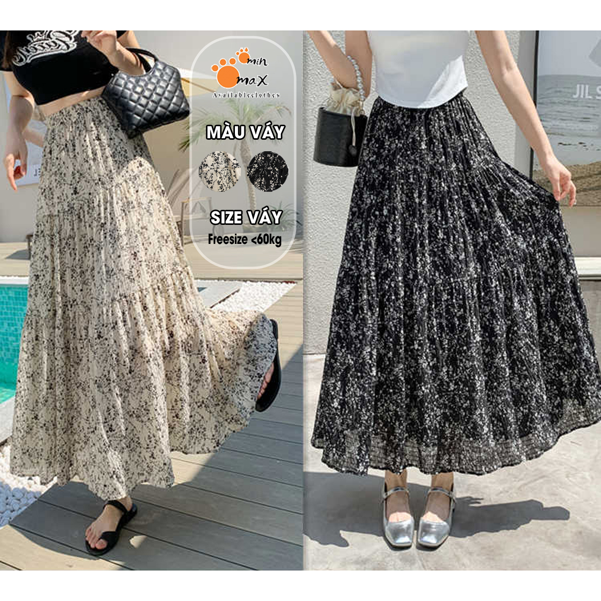 Chân váy hoa nhí Minmax House chất vải voan nhăn cạp chun dáng xoè hàng QC