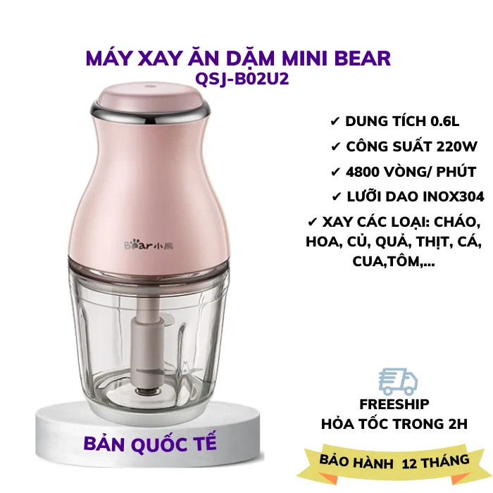 Máy xay đa năng, máy xay sinh tố, máy xay thịt, máy xay thực phẩm ăn dặm cho bé mini đa năng 0.6l bear qsj-b02u2, xay gia vị hành, tỏi, ớt, nấm, xay hạtxay rau củ, 6 lưỡi dao chữ s inox 420j không gỉ, động cơ 200w giúp xay nhuyễn