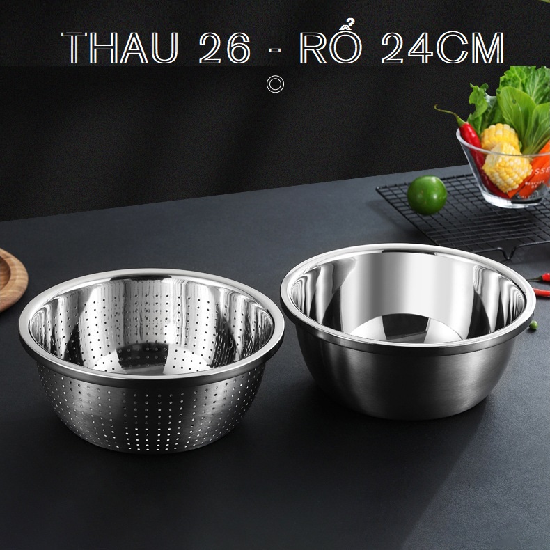 Bộ Thau + Rổ Inox Cao Cấp 304 Size 24CM, Rửa Rau Củ Quả Tiện Lợi. Dễ Dàng Vệ Sinh, Chắc Chắn (Có Bán Lẻ Thau và Rổ)