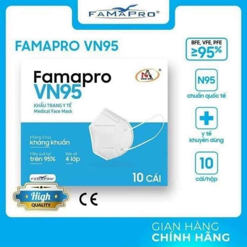 Hộp 10 cái khẩu trang y tế kháng khuẩn 4 lớp Famapro VN95 màu trắng