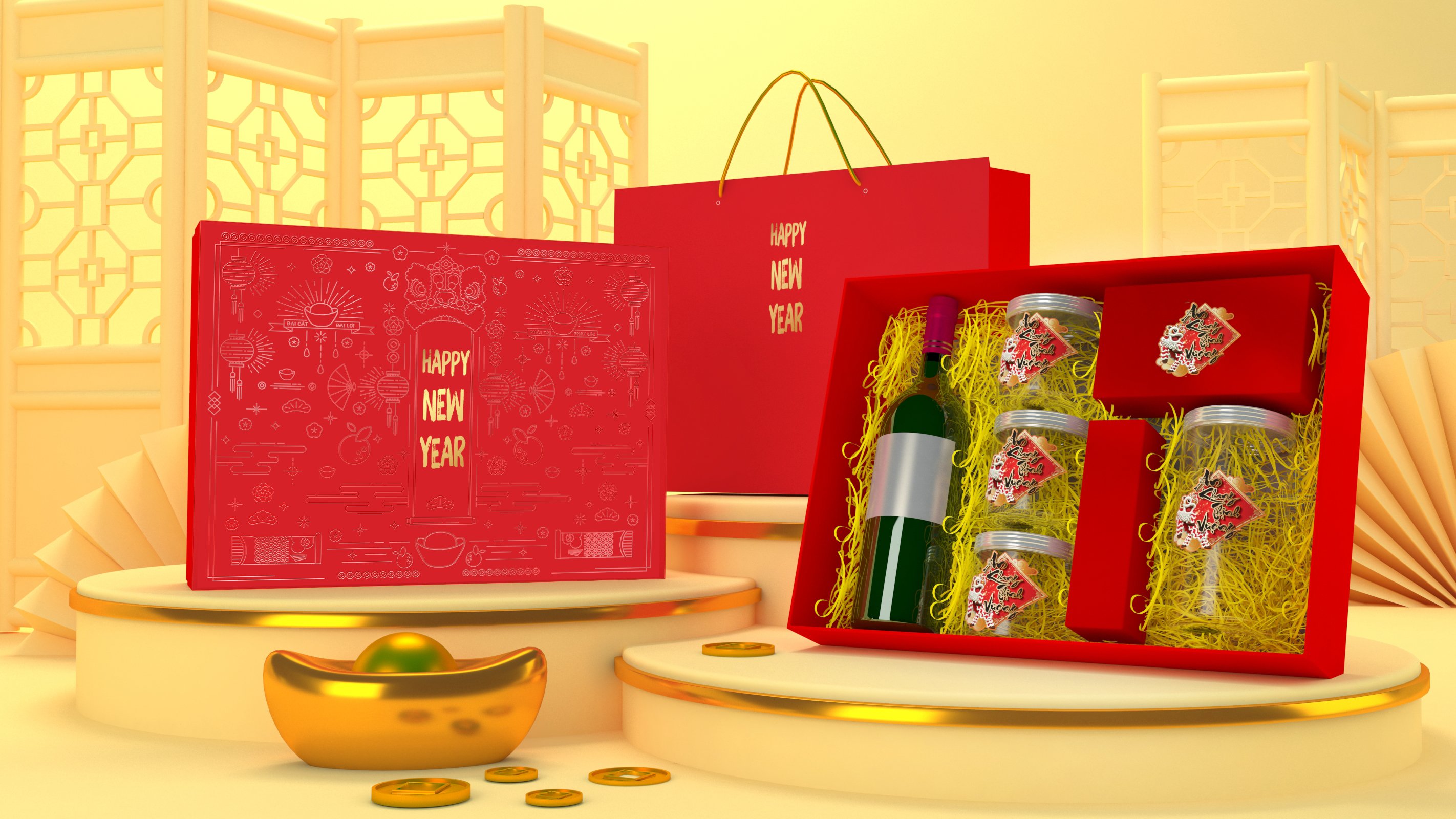 Bộ hộp tết đỏ happy new year