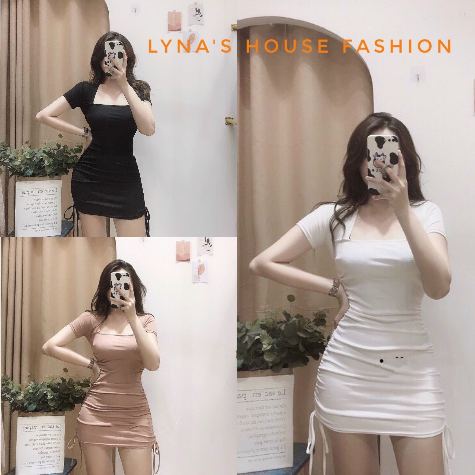 Đầm nữ cổ vuông tay ngắn 🌸 FREESHIP 🌸 Váy body nhún sườn dây rút 2 bên sang chảnh  - Thời Trang Nữ Lyna's House - Mã LH115