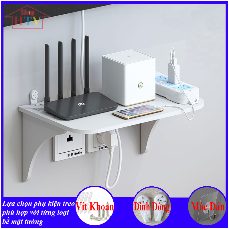 Kệ wifi treo tường, Kệ gắn tường không cần khoan, chất liệu gỗ cao cấp, chống nước tuyệt đối, tạo không gian gọn gàng