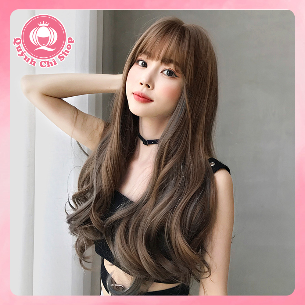 Tóc giả dài nguyên đầu CAO CẤP tóc dài xoăn sóng lớn, mái phồng thưa tự nhiên, highlight XANH rực rỡ - tặng lưới tóc