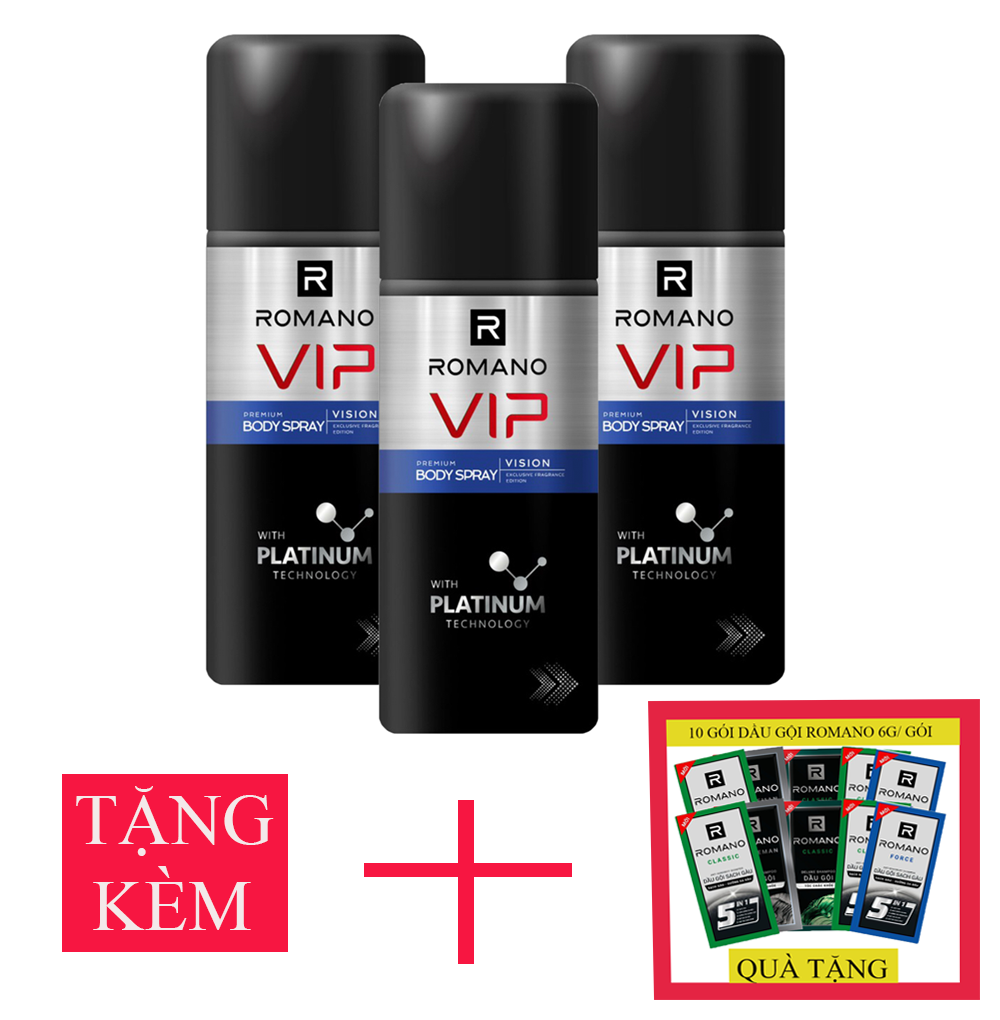 Bộ 3 Xịt Ngăn Mùi Toàn Thân Cho Nam  Romano Vip Vision 150ml/chai+Tặng 10 Gói Dầu Gội Romano (6g/gói)