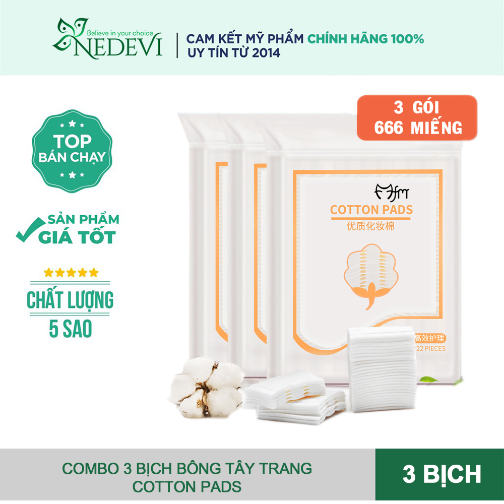 Bộ 3 túi bông tẩy trang Cotton Pads 220 miếng/túi Bông tẩy trang dày 3 lớp không sơ, độ thấm thấu tốt