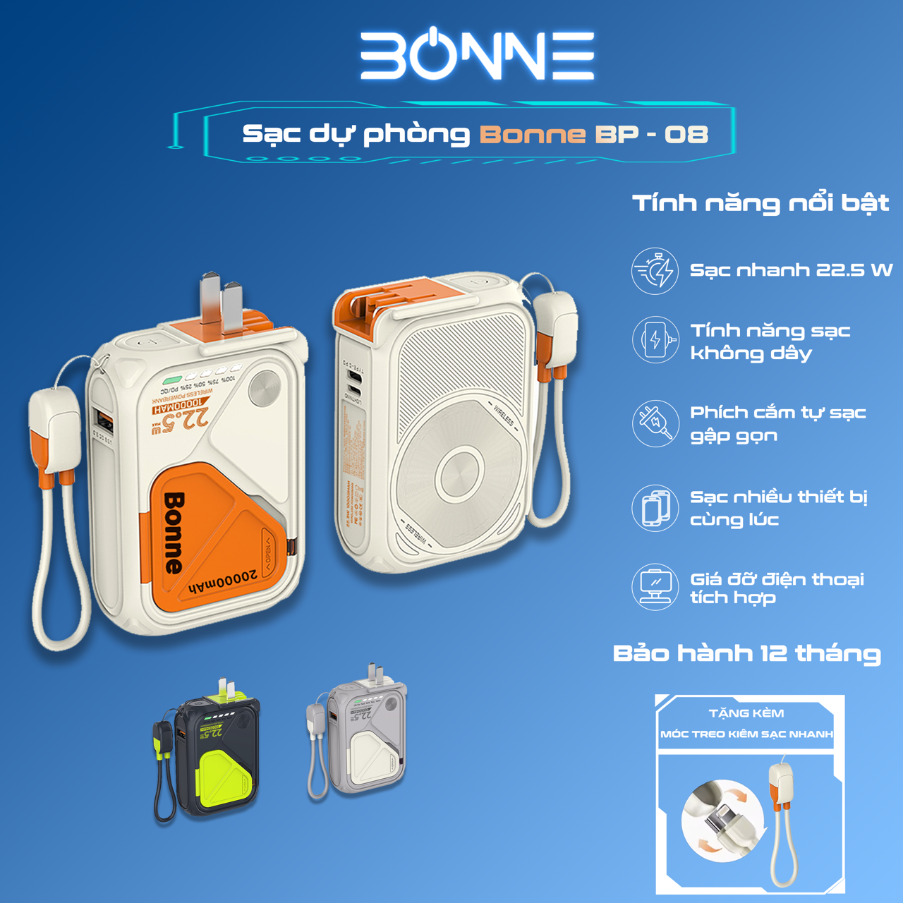 Sạc Dự Phòng, Củ Sạc Nhanh BONNE BP08 By BONNETECH, Sạc Dự phòng 10.000 mAh 20.000 mAh, Sạc Không Dâ