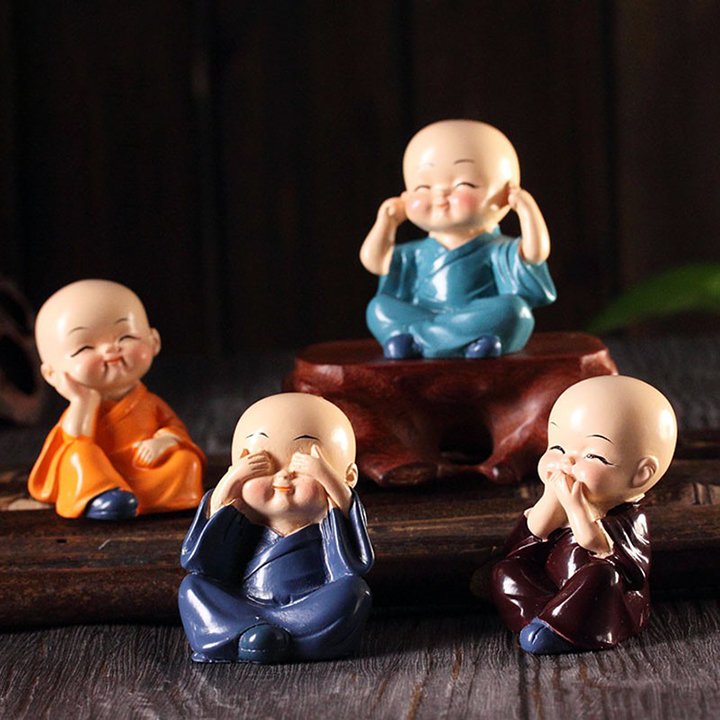 4 chú tiểu tượng tứ không. bộ tượng 4 không. trang trí xe hơi, làm tiểu cảnh, để bàn làm việc