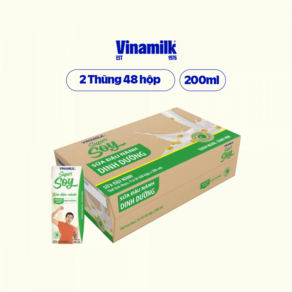 2 Thùng Sữa đậu nành Vinamilk Nguyên chất hộp 200ml - 48 hộp/Thùng