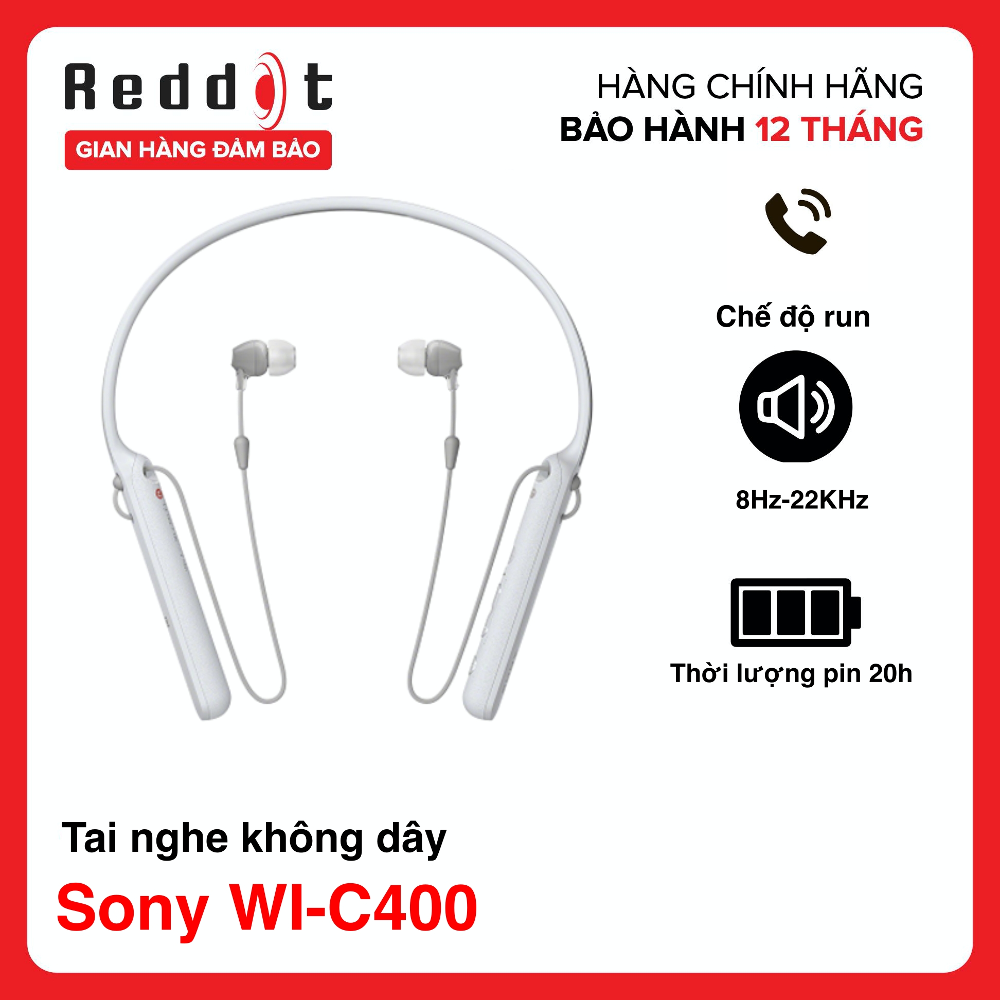 Tai nghe bluetooth Sony In Ear không dây WI-C400 - Hãng phân phối chính thức, chất lượng âm thanh sắc nét, driver 9mm, các nút chặn dây chống rối, thuận tiện khi hoạt động mạnh - Reddot  Mall