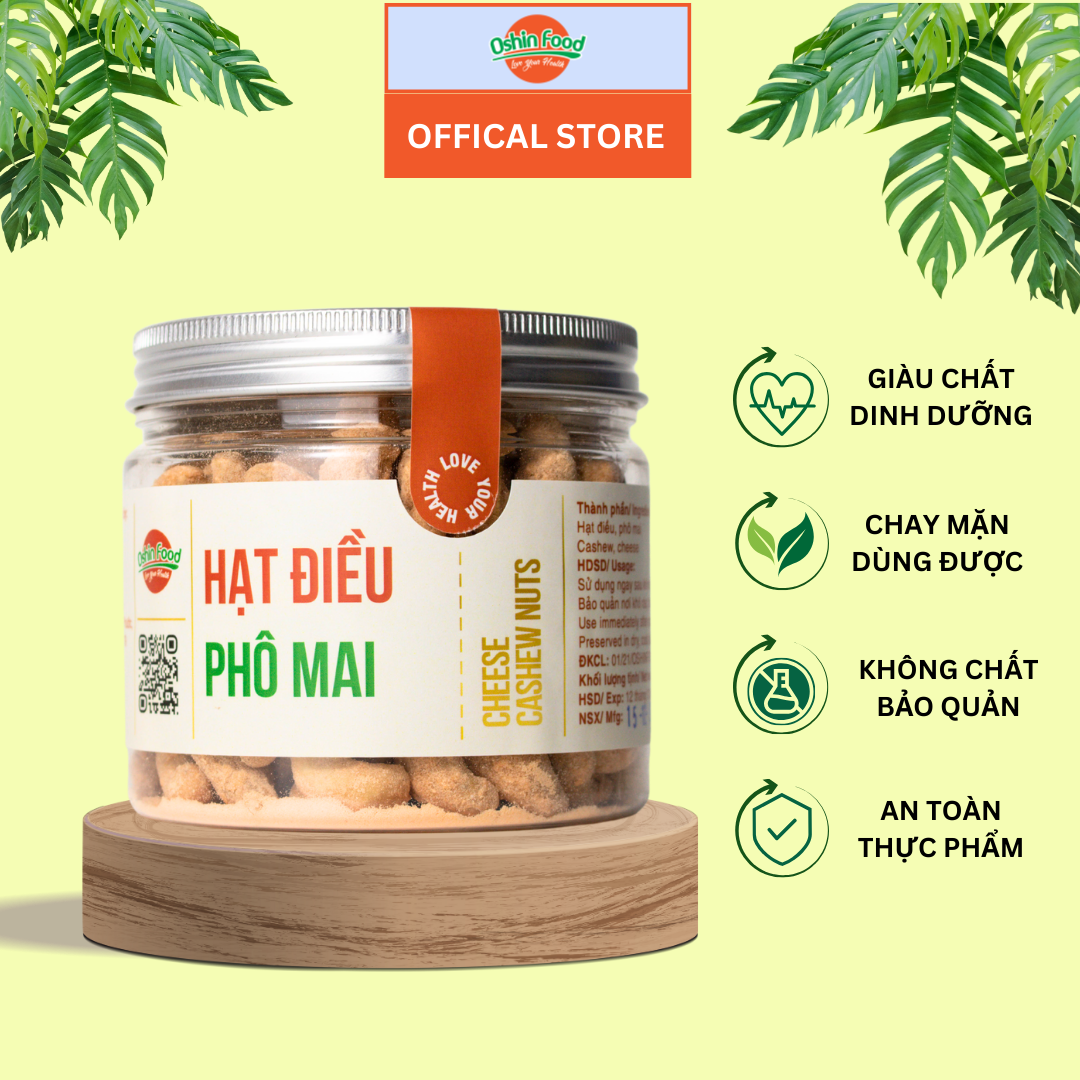Hộp 300g hạt điều Bình Phước rang phô mai nguyên hạt OshinFood hạt dinh dưỡng cho bà bầu, ăn kiêng, giảm cân