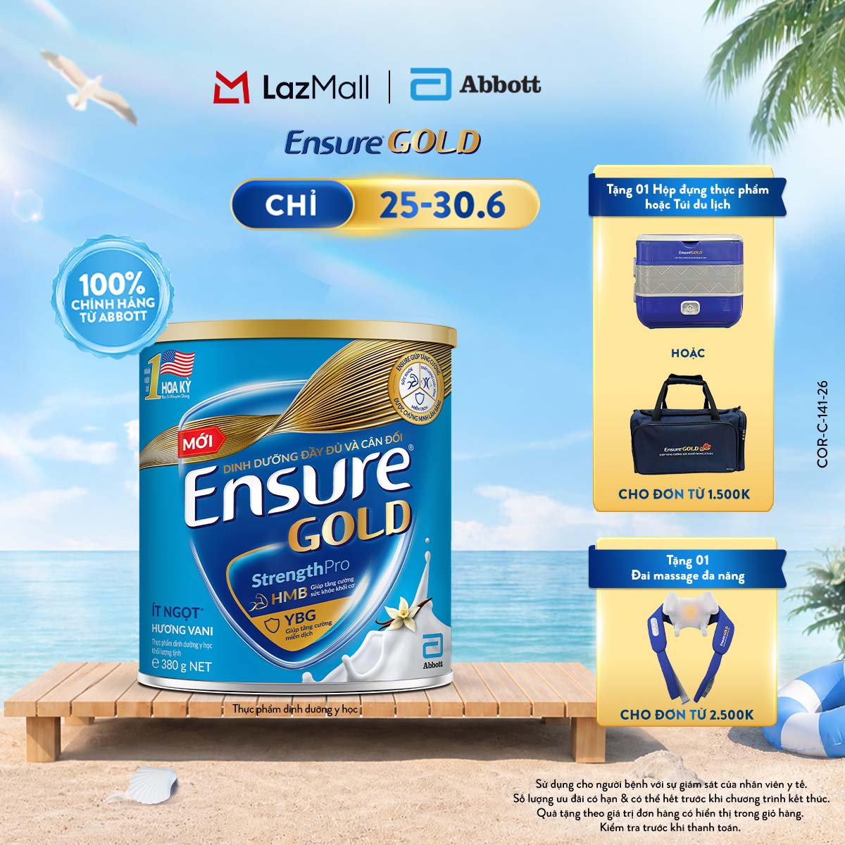 [CHỈ 25-30.06 QUÀ TẶNG CHO ĐH 1500K/2500K-SLCH] Lon sữa bột Ensure Gold hương vani ít ngọt 380g