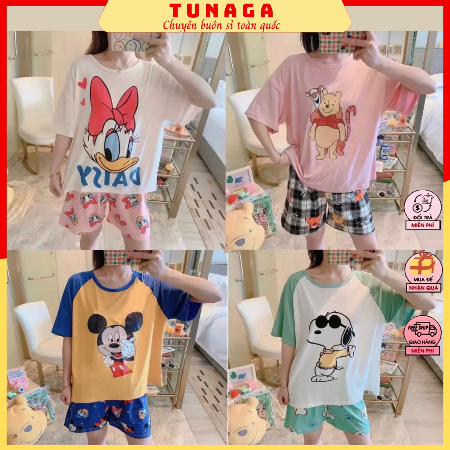Đồ bộ mặc nhà nữ, bộ đồ ngủ quần đùi áo phông cotton chất cực đẹp