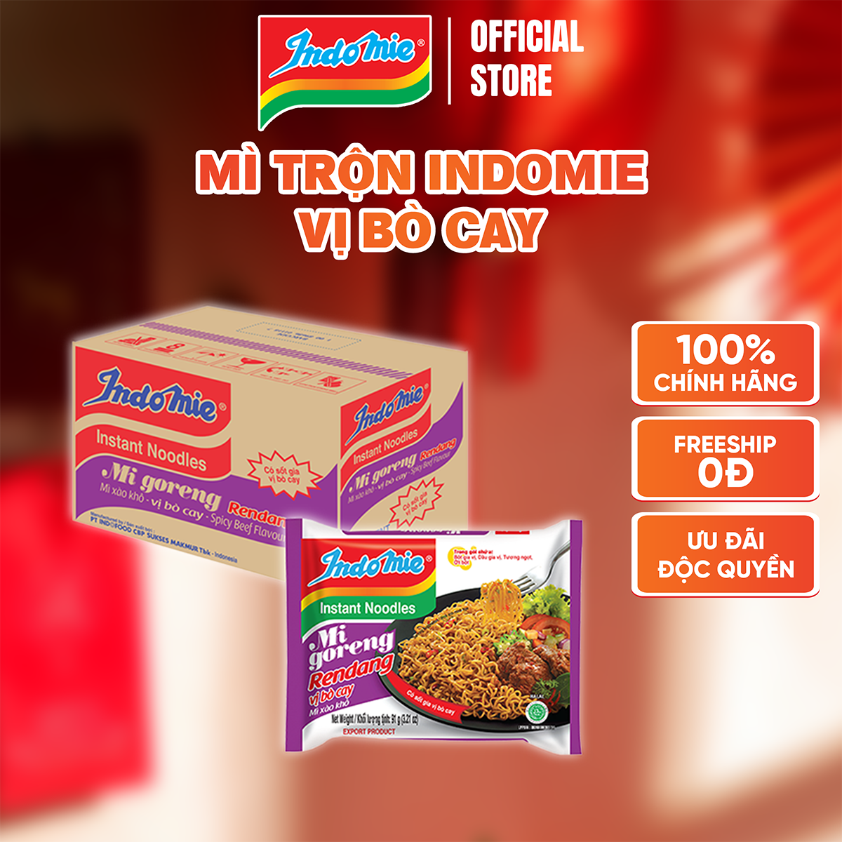 Mì Indomie vị Bò Cay, mì trộn cay nhẹ thơm vị bò đậm chất Indonesia 91g x thùng 40 gói