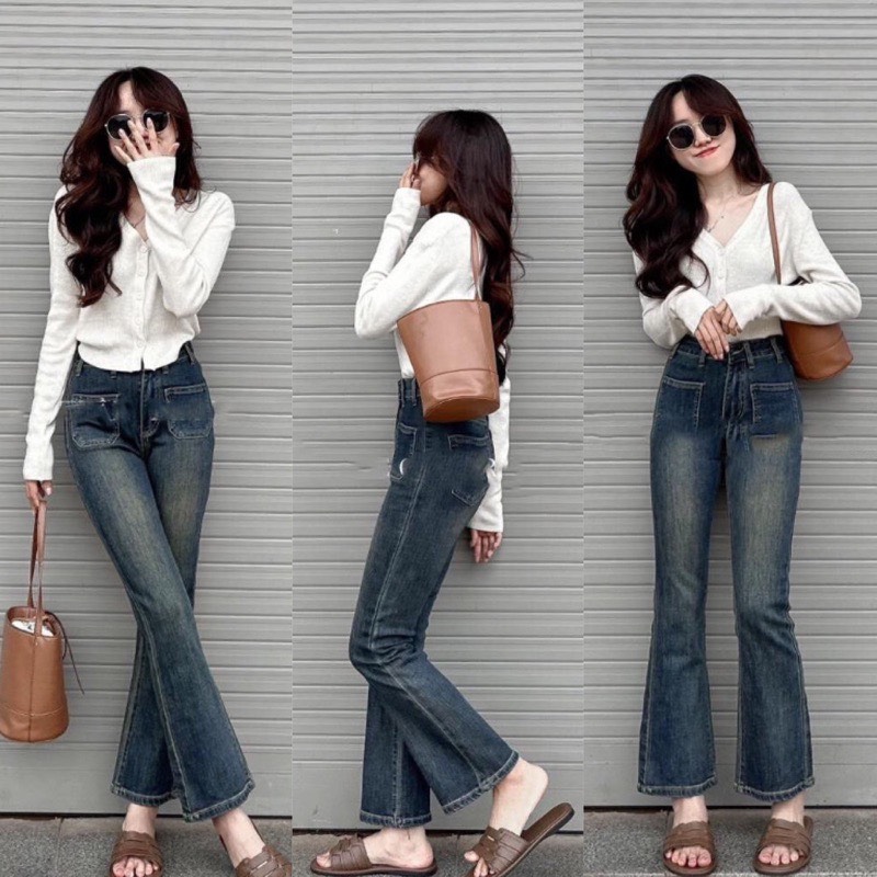 Quần bò jeans nữ ống loe cạp cao co dãn 4 chiều loe xẻ gấu, loe may gấu, loe cắt gấu