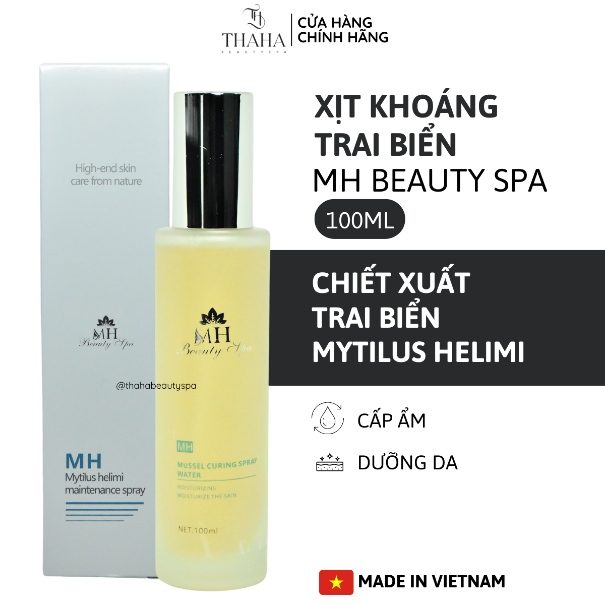 Xịt khoáng chiết xuất trai biển 100ml MH Beauty Spa, Chiết xuất trai biển Mytilus Helimi, Cấp ẩm, Dưỡng da