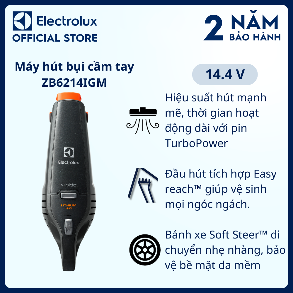  Máy hút bụi cầm tay Electrolux 14.4V ErgoRapido ZB6214IGM Hiệu suất hút mạnh mẽ thời gian hoạt động dài 