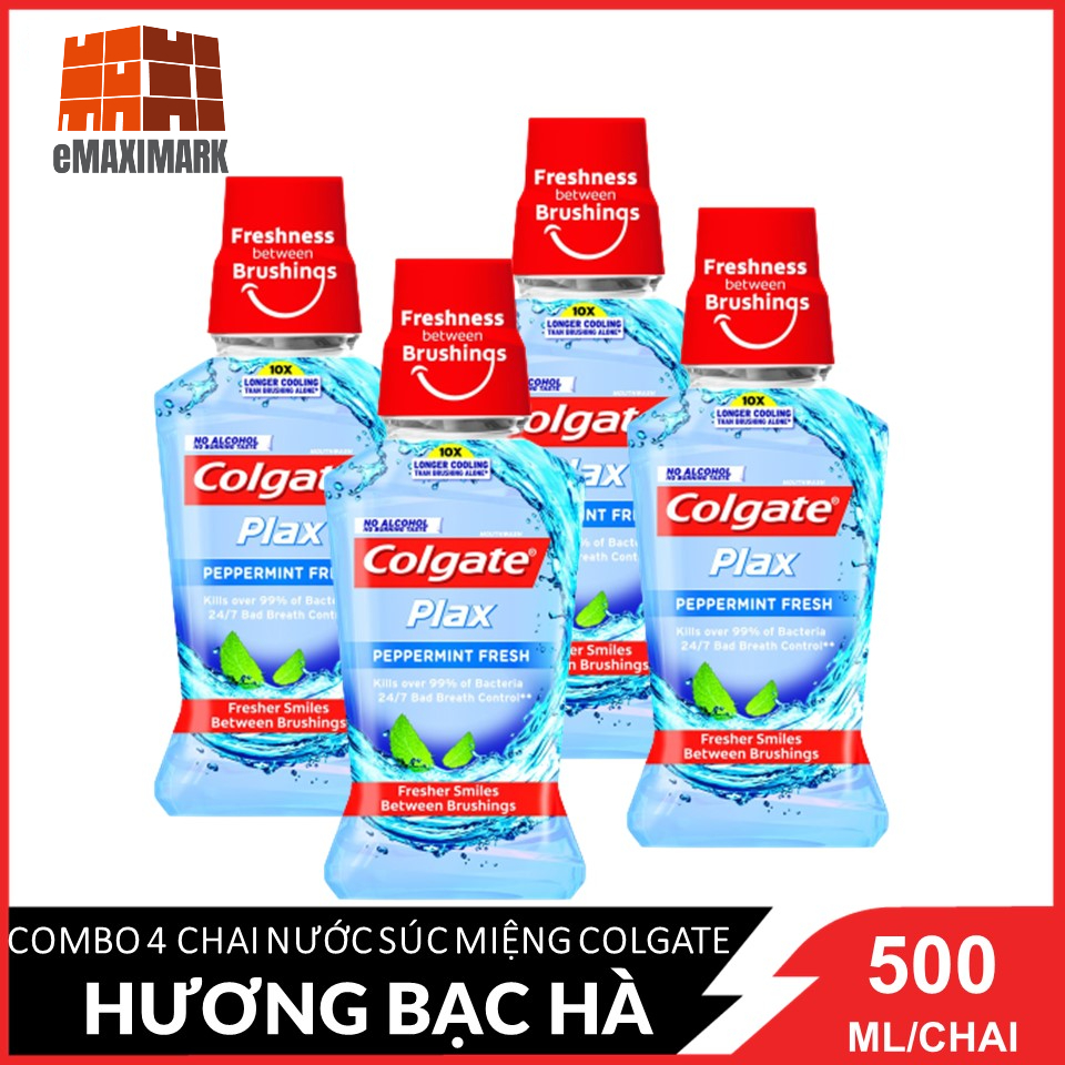 Combo 4 Nước xúc miệng Colgate Plax Bạc hà peppermint (Xanh dương) 500ml x 4