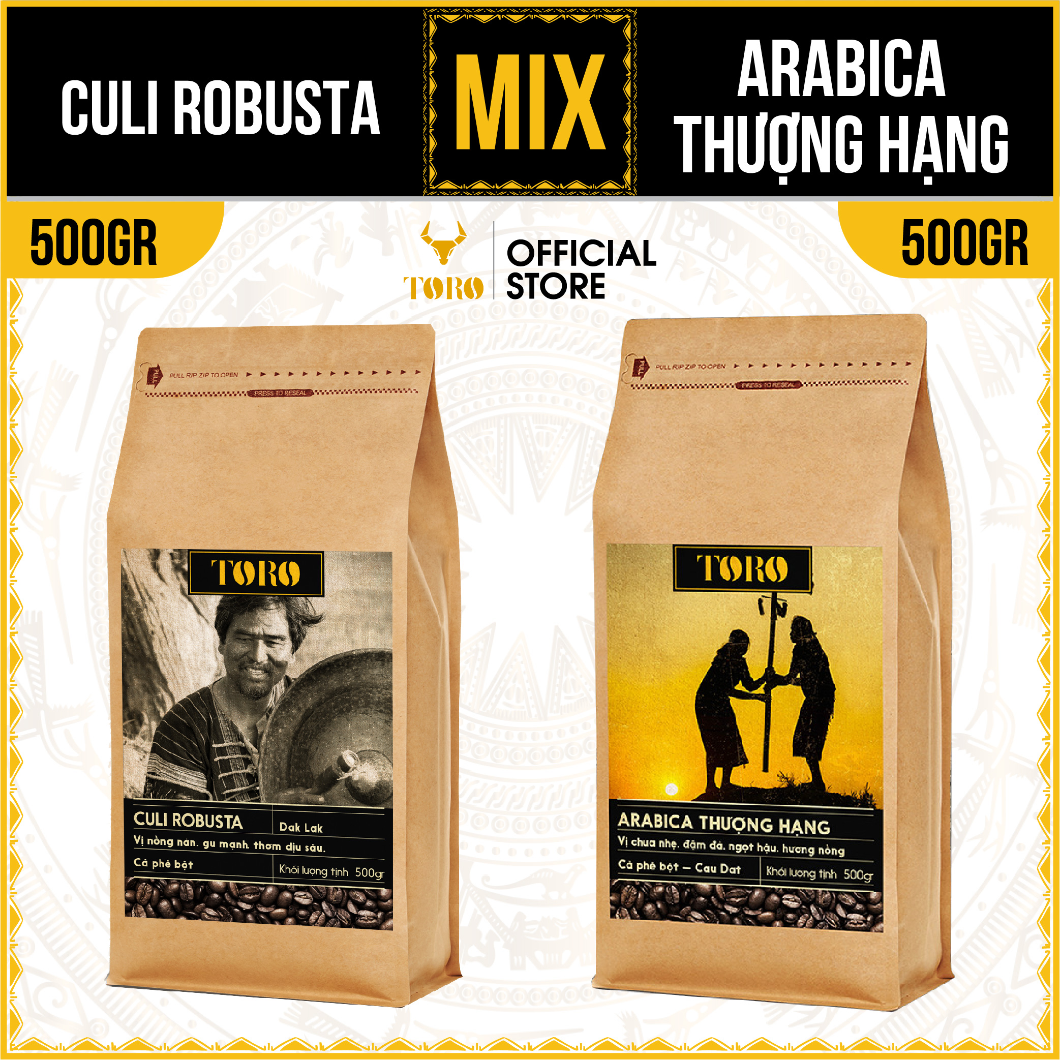 Bộ mix cà phê bột toro arabica thượng hạng & toro culi robusta nguyên chất 100% | 500gr/gói | toro farm