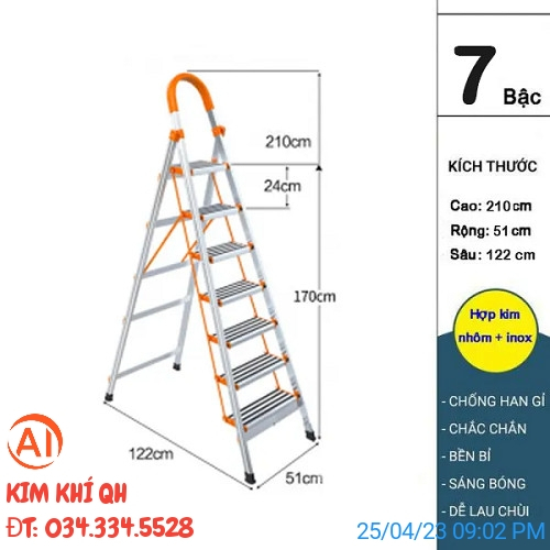 Thang ghế inox cao cấp 6- 7 bậc Thang chữ A inox gia đình gấp gọn tiện lợi - bền đẹp