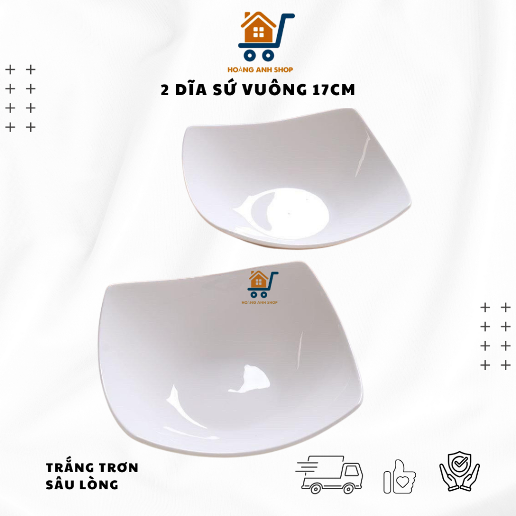 Bộ 2 Dĩa Sứ Vuông Trắng Trơn Sâu Lòng 17cm, Dĩa Decor, Đựng Thức Ăn Tráng Men Cao Cấp Thanh Lịch