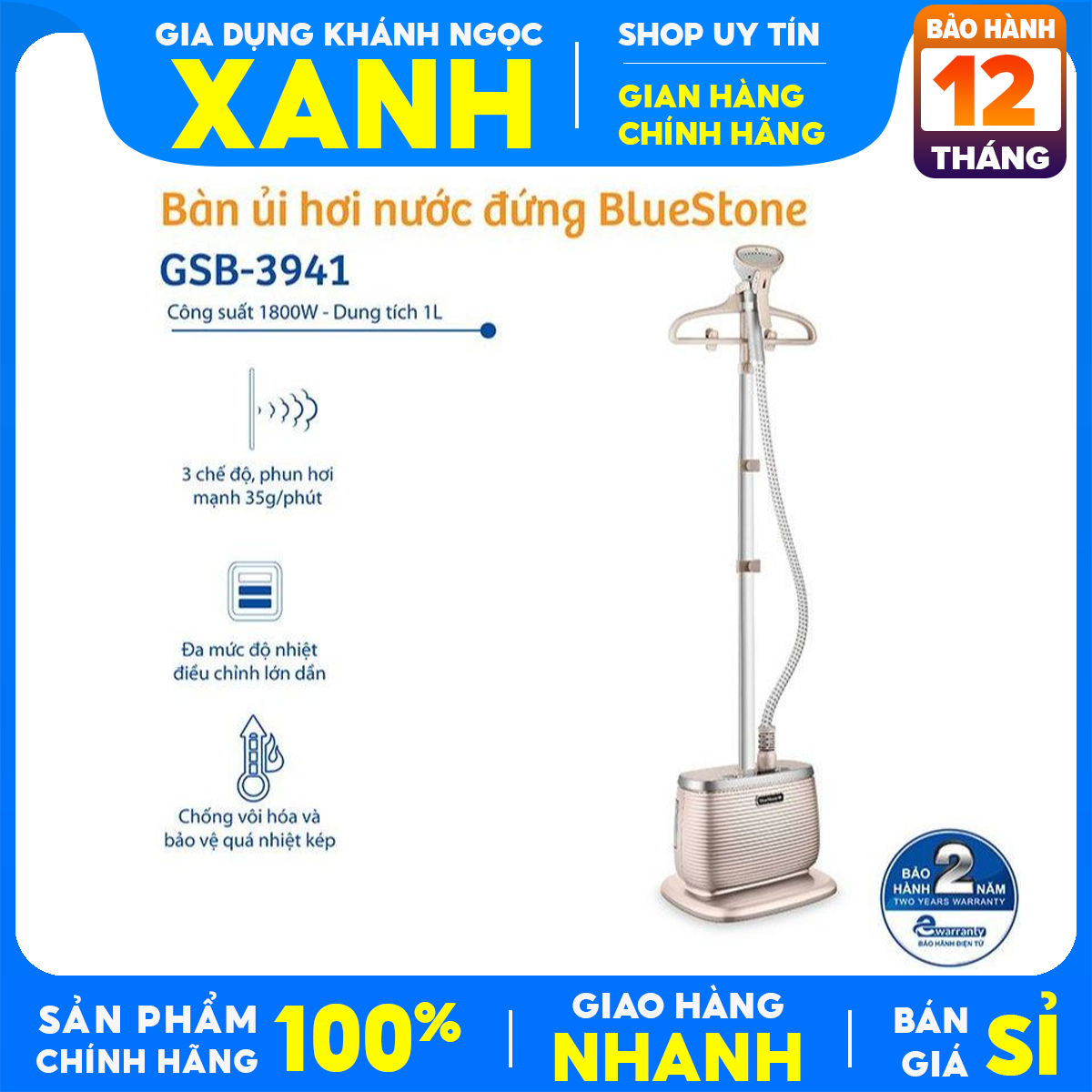 Bàn ủi hơi nước cầm tay bluestone gsb-3941 trưng bày mới 98-99% công suất 1900w bình nước 1000 ml chức năng ủi hơi nước- tự ngắt khi quá nhiệt