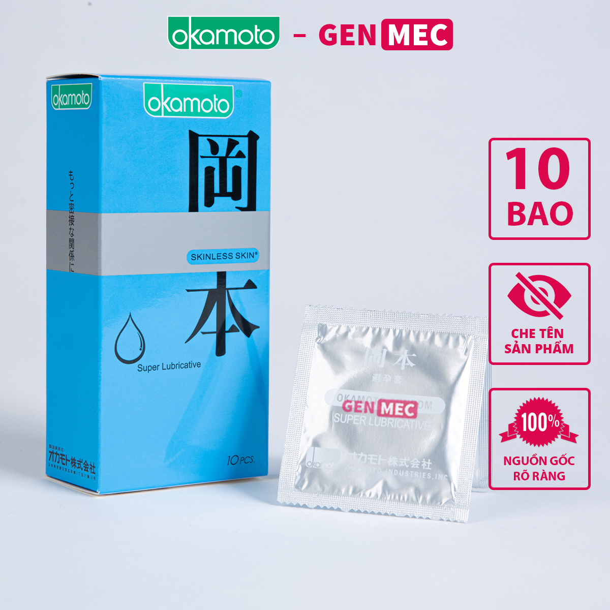 Bao Cao Su Siêu Bôi Trơn Okamoto - Hưng Phấn Đến Cùng - BCS Okamoto Skinless Skin Lubricative Hộp 10 Bao - Genmec
