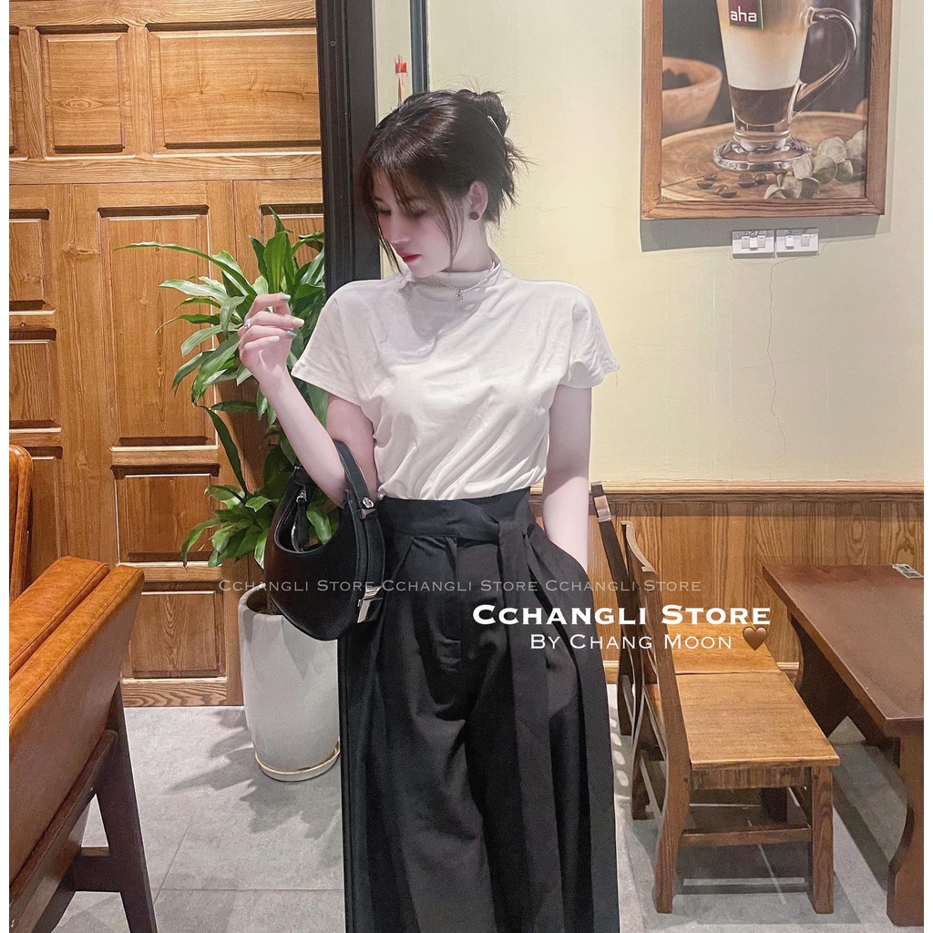 Set áo thun cotton croptop lụa cổ 3p mix quần xám xuông thụng nơ