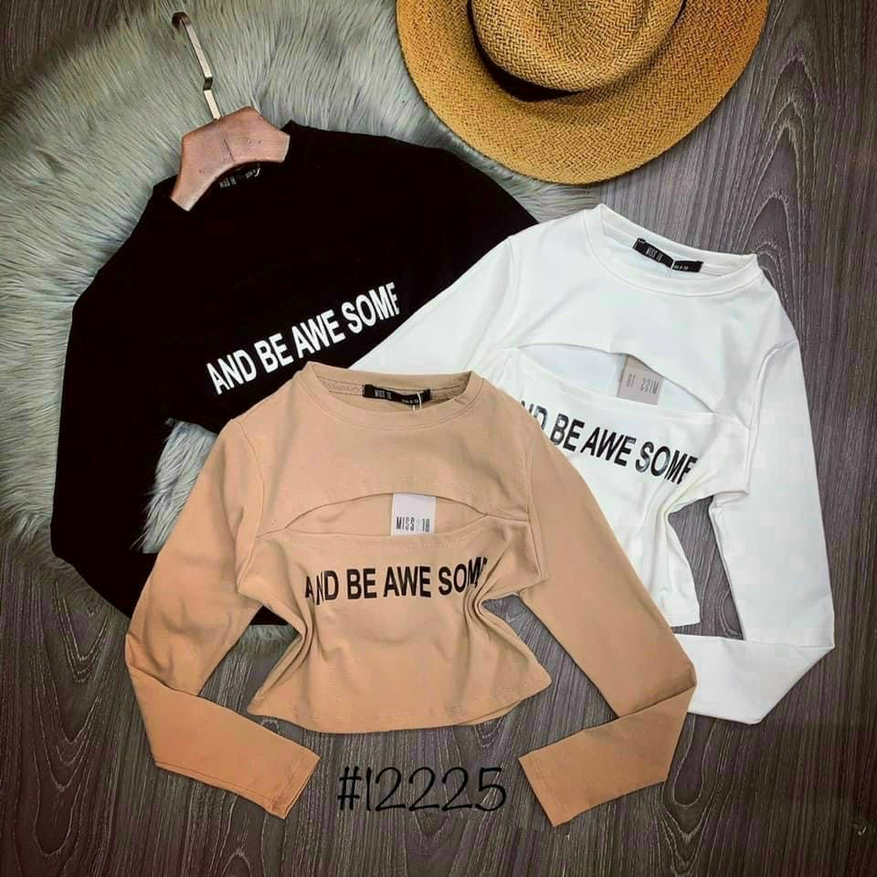 Áo Croptop Tay Dài Xẻ Ngực In Chữ, Áo Croptop Thun Borip Xẻ Ngực Cá Tính ARR3