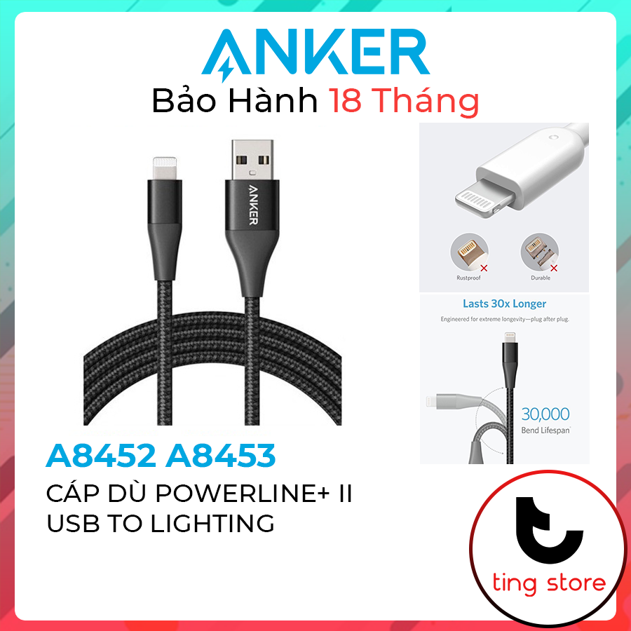 Cáp dù iphone lighting anker powerline+ ii usb to lightning mfi c89 - a8452 dài 0.9 mét a8453 dài 1.8 mét chính hãng