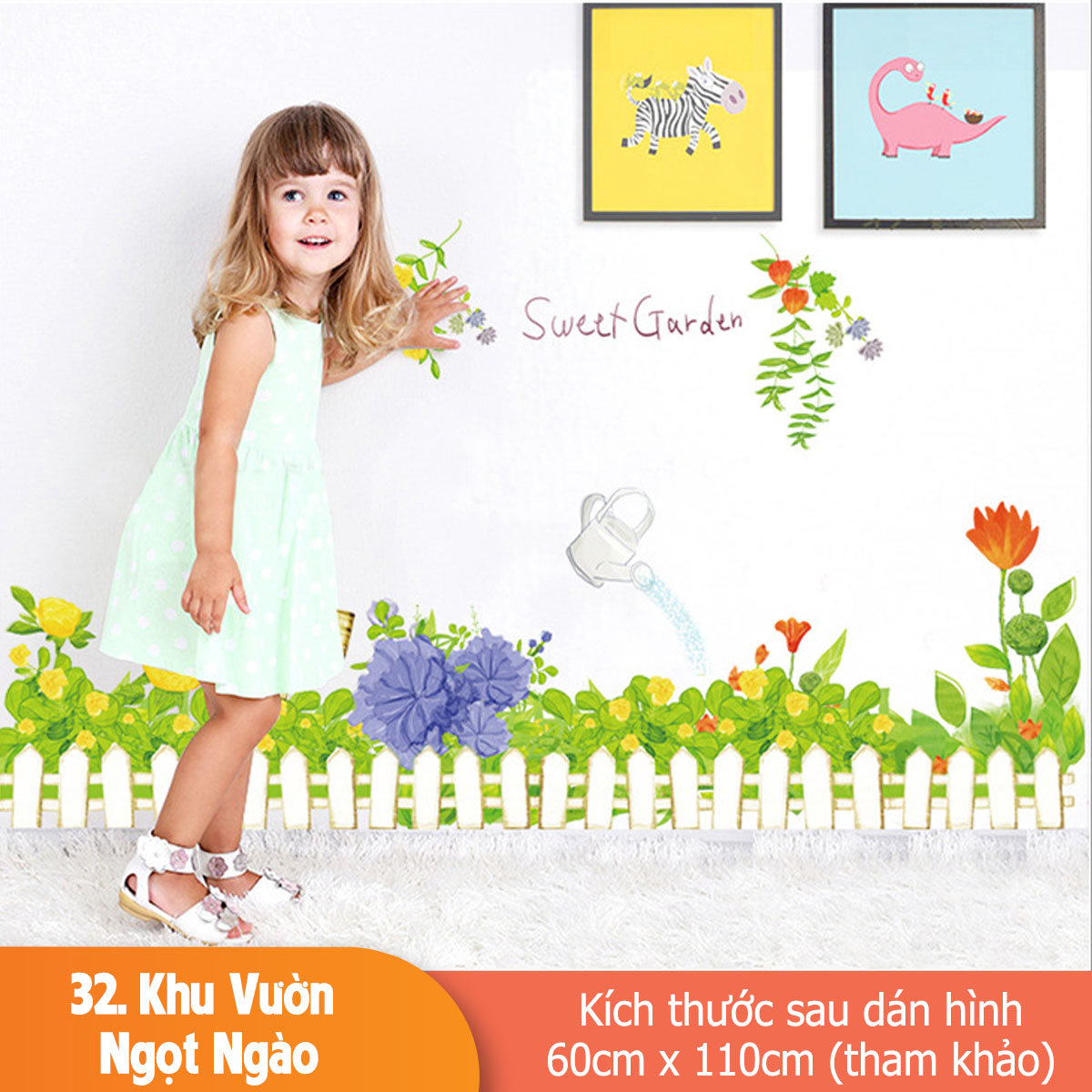Decal trang trí chân tường hàng rào trắng hoa cỏ-K32