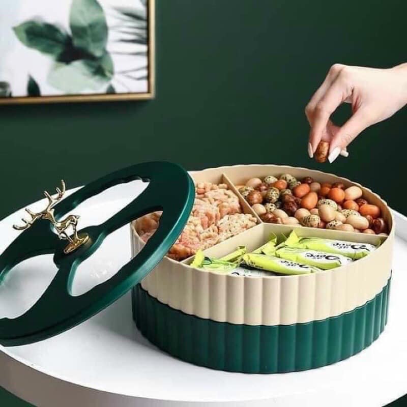 Khay mứt Tết hình Hươu 2 tầng 3 ngăn , Hộp đựng bnahs kẹo Tết 2022 Thiết kế tinh xảo , màu sắc sang trọng