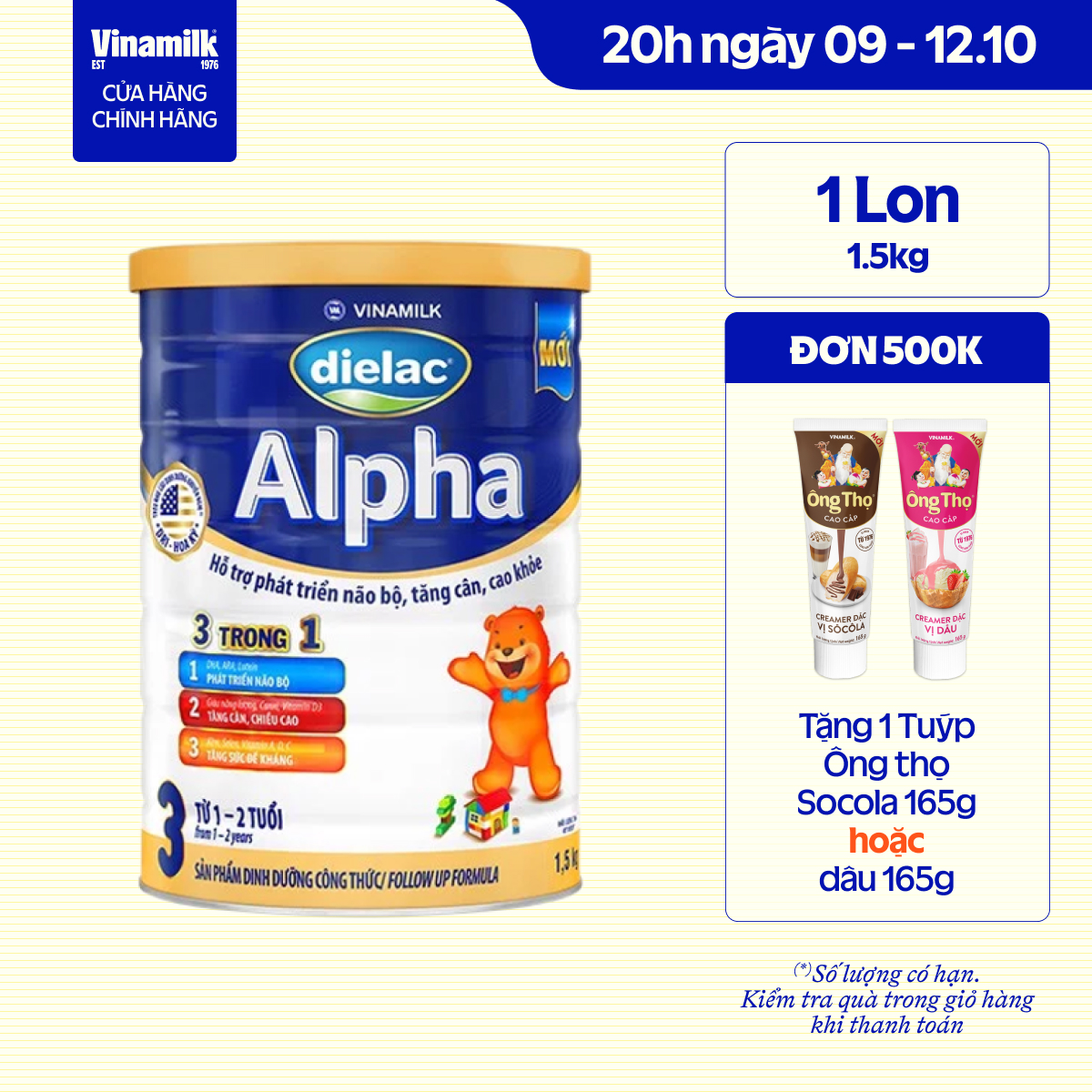 Sữa bột Dielac Alpha 4 1.5kg (cho bé từ 2- 6 tuổi) - Sữa công thức 3 trong 1 hỗ trợ phát triển não bộ, tăng cân chiều cao, tăng sức đề kháng cho trẻ