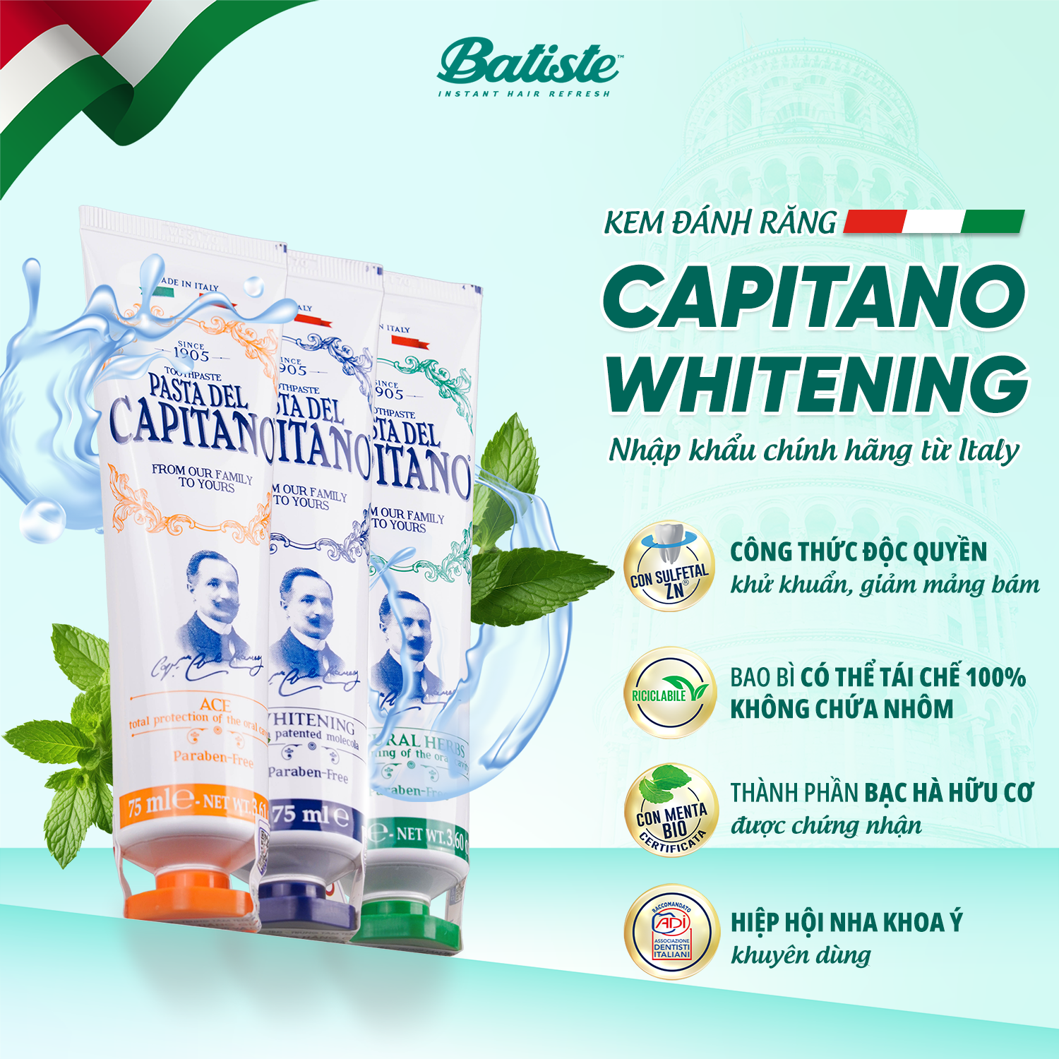 Kem đánh răng capitano italy giải quyết các vấn đề răng miêng, trắng sáng tự nhiên 75ml