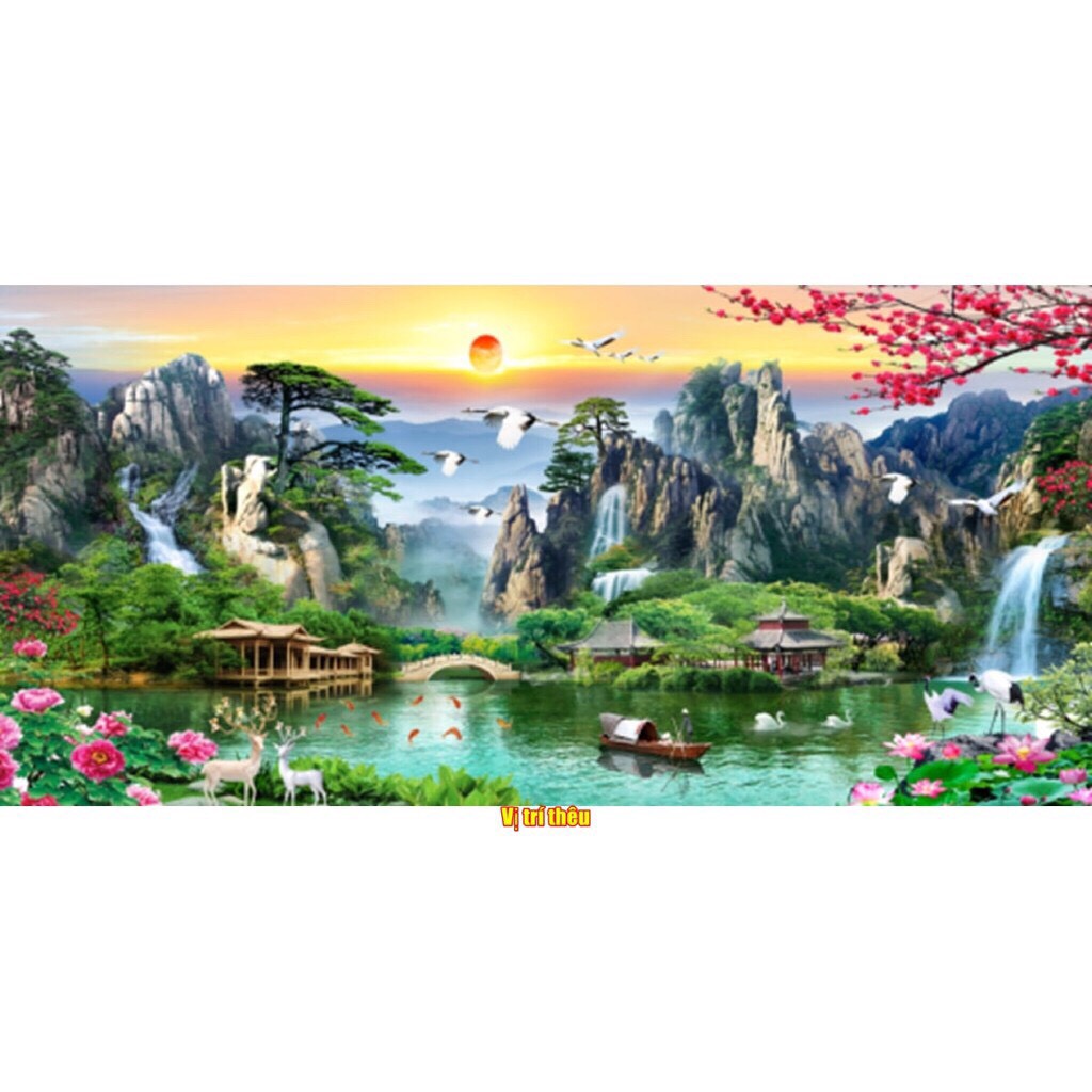Tranh thêu chữ thập phong cảnh thiên nhiên Sơn Thuỷ Hữu Tình 3D LV3323 (120x55) Chưa thêu