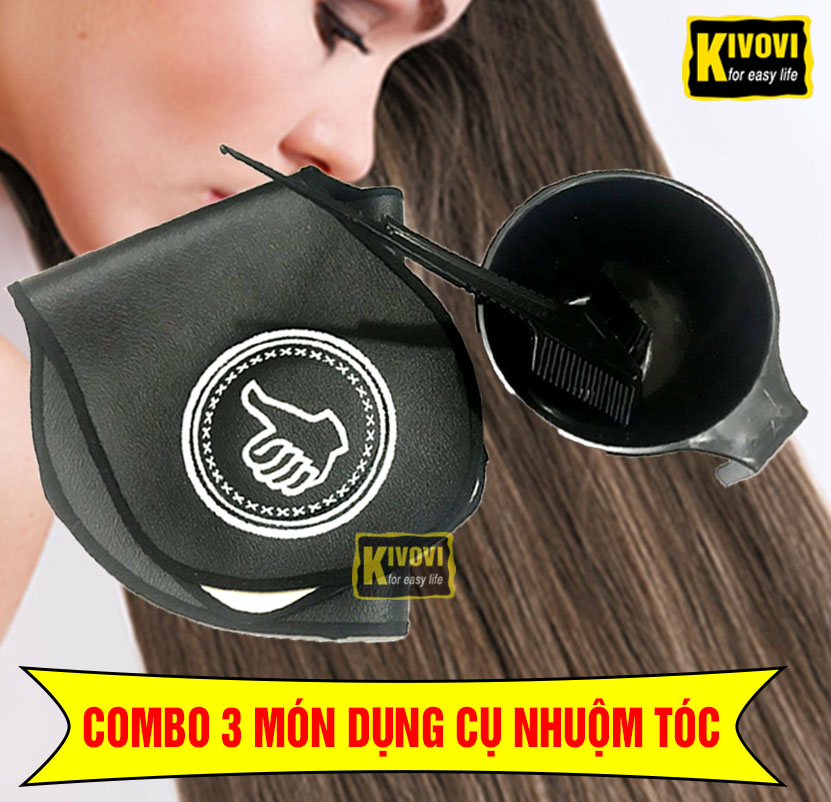 [COMBO 3 MÓN] Bộ Dụng Cụ Nhuộm Tóc Tẩy Tóc Tại Nhà - Lược Nhuộm Tóc + Chén Nhuộm + Áo Choàng Nhuộm Tóc Cắt Tóc - Kivovi