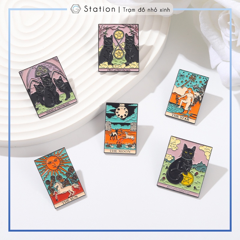Pin cài áo hình bài Tarot The Star The Sun The Moon Death The Wheel of fortune Pentacles - GC484