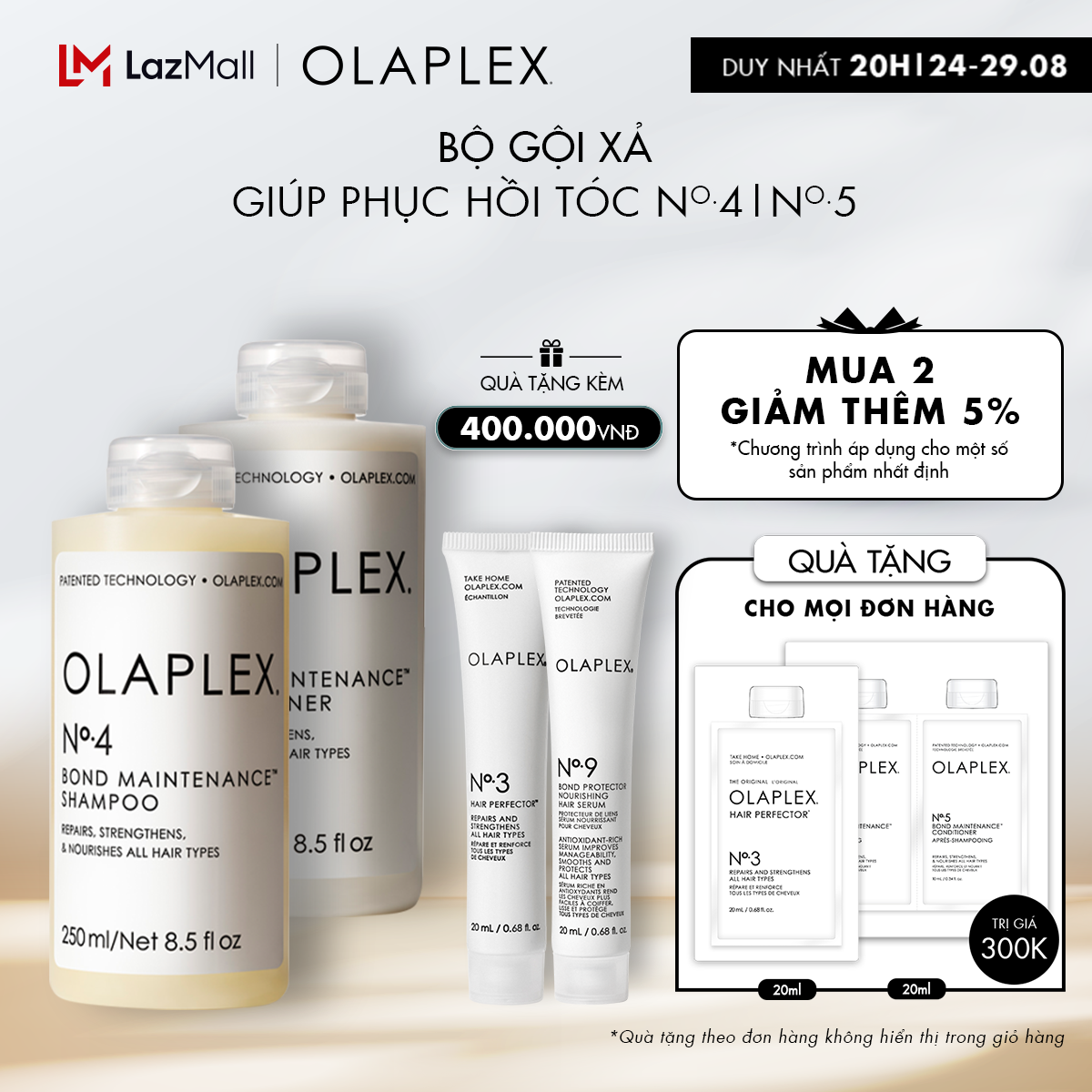 Dầu gội giúp phục hồi tóc Olaplex No.4 250ml + Dầu xả phục hồi tóc Olaplex No.5 250ml